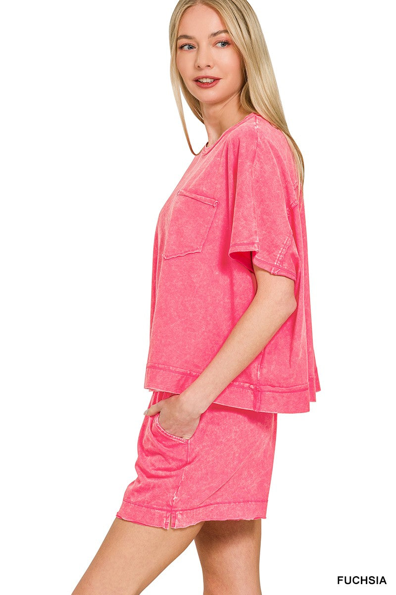 Zenana fuchsia pink distressed denim oversized top and shorts set