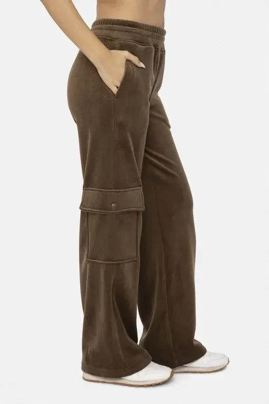 Mono B Elastic Waist Corduroy Cargo Pants - DAVERRI FASHIONS