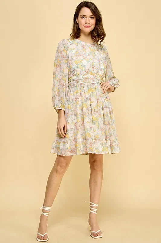 Lime 'N' Chili Chiffon Floral Print Belted Dress with Back Zipper - DAVERRI FASHIONS