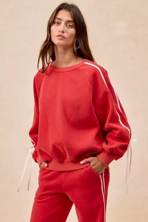 Red BiBi Side Lined Bow Details Fleece Sweatshirt with White Stripes