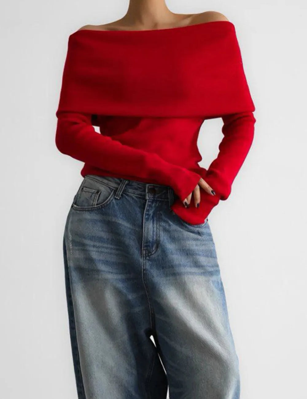 Off-Shoulder Long Sleeve Knit Top | Knit Tops Daverri Fashions