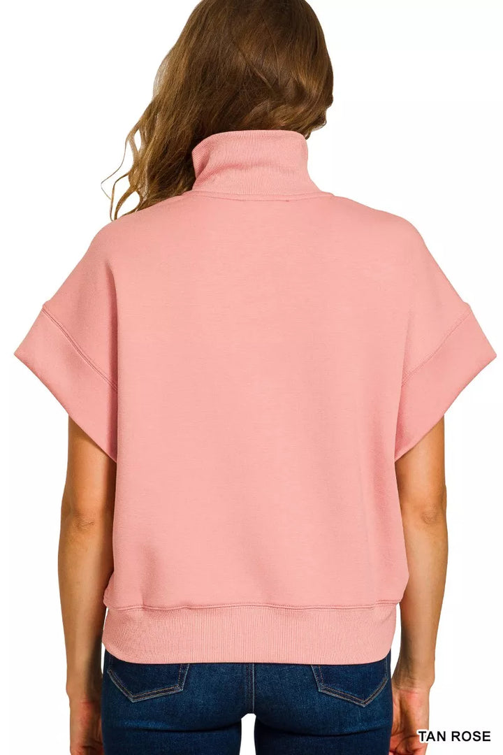 Zenana Full Size Scuba High Neck Half Zip Short Sleeve Top Plus Size | Tops Daverri Fashions
