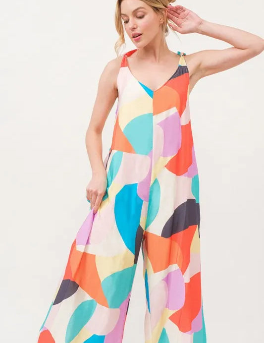 And The Why Tied Shoulder Straps Wide-Leg Geo Print Jumpsuit | Jumpsuits Daverri Fashions