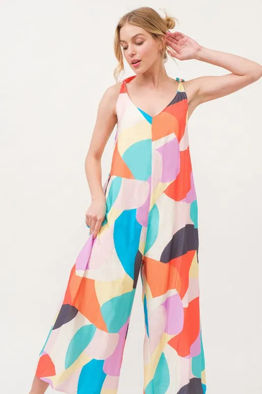And The Why Tied Shoulder Straps Wide-Leg Geo Print Jumpsuit Jumpsuits