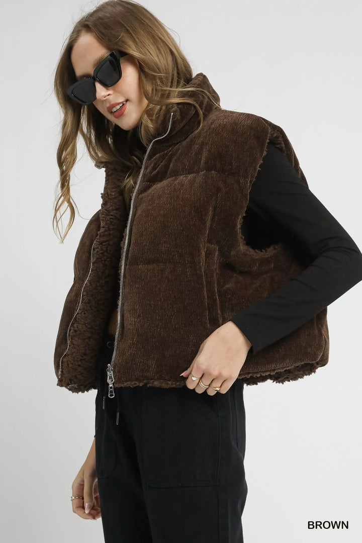 Umgee Sherpa-Lined Zip Vest with Drawstring Hem | Vest Jackets Daverri Fashions