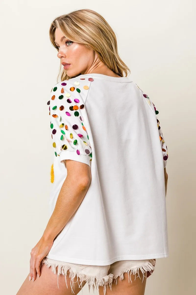 BiBi Metallic Letter Spangle Raglan Puff Sleeve Top Tops