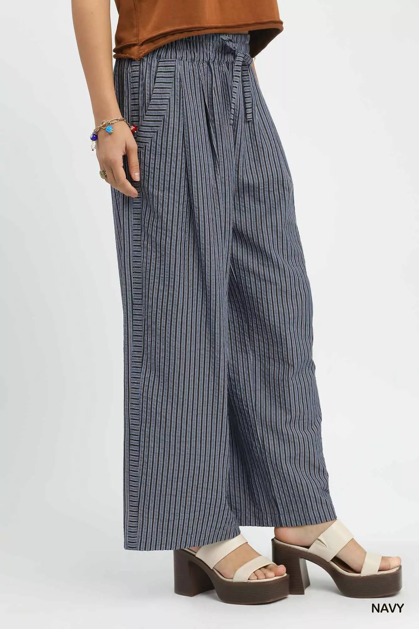 Umgee navy and white striped wide-leg pants with elastic waistband