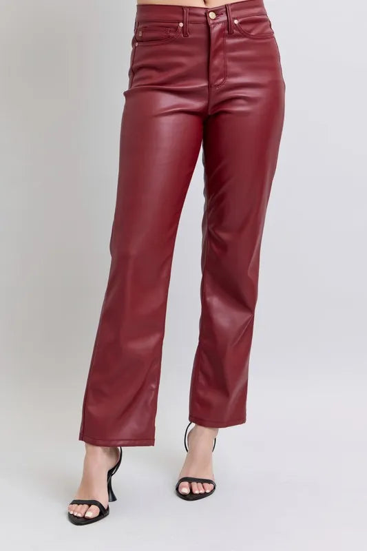 Judy Blue Full Size High Waist Tummy Control Faux Leather Straight Pants Plus Size RED