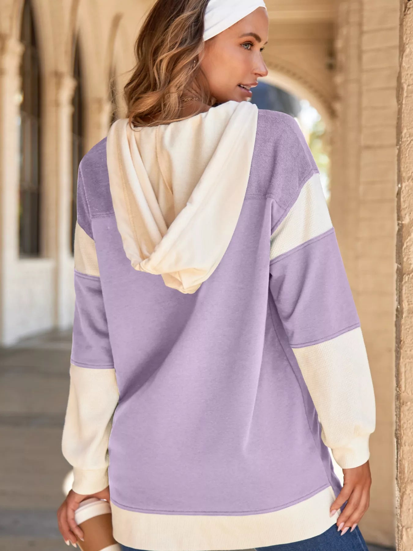 Waffle Contrast Knit Color Block Patchwork Button Front Oversize Hoodie | Hoodies Daverri Fashions