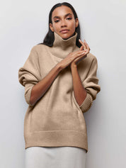 Light Khaki Loose Fit Long Sleeve Turtleneck Sweater | Sweaters Daverri Fashions