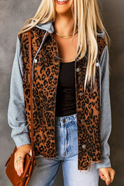 Leopard Distressed Drawstring Hooded Denim Jacket | Denim Jackets Daverri Fashions