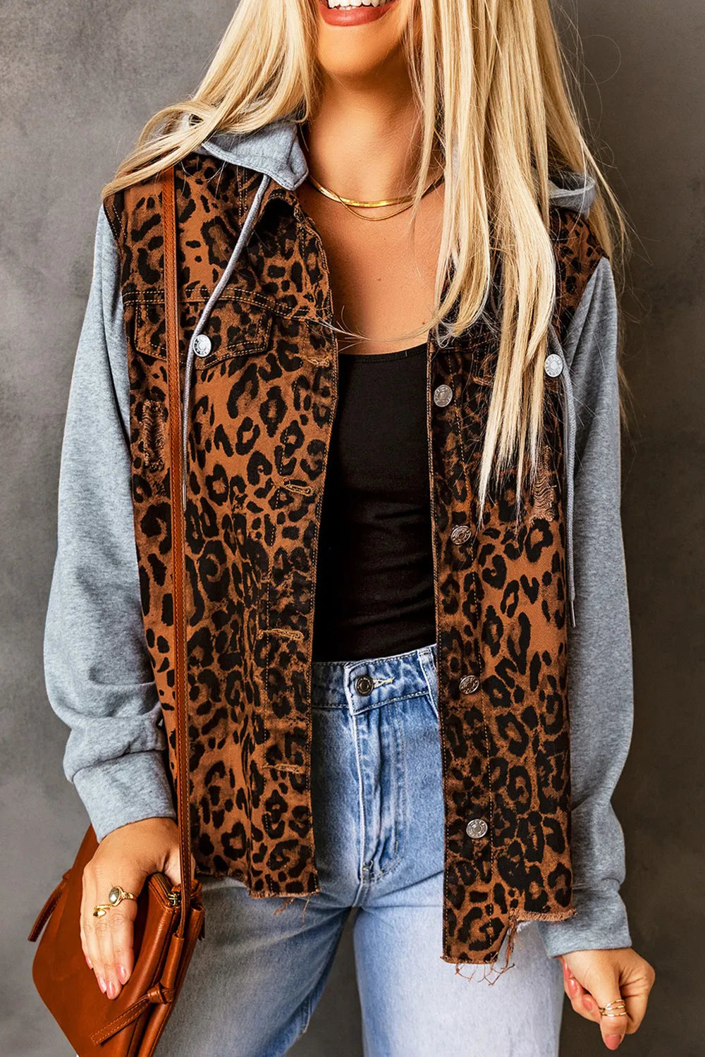 Leopard Distressed Drawstring Hooded Denim Jacket | Denim Jackets Daverri Fashions
