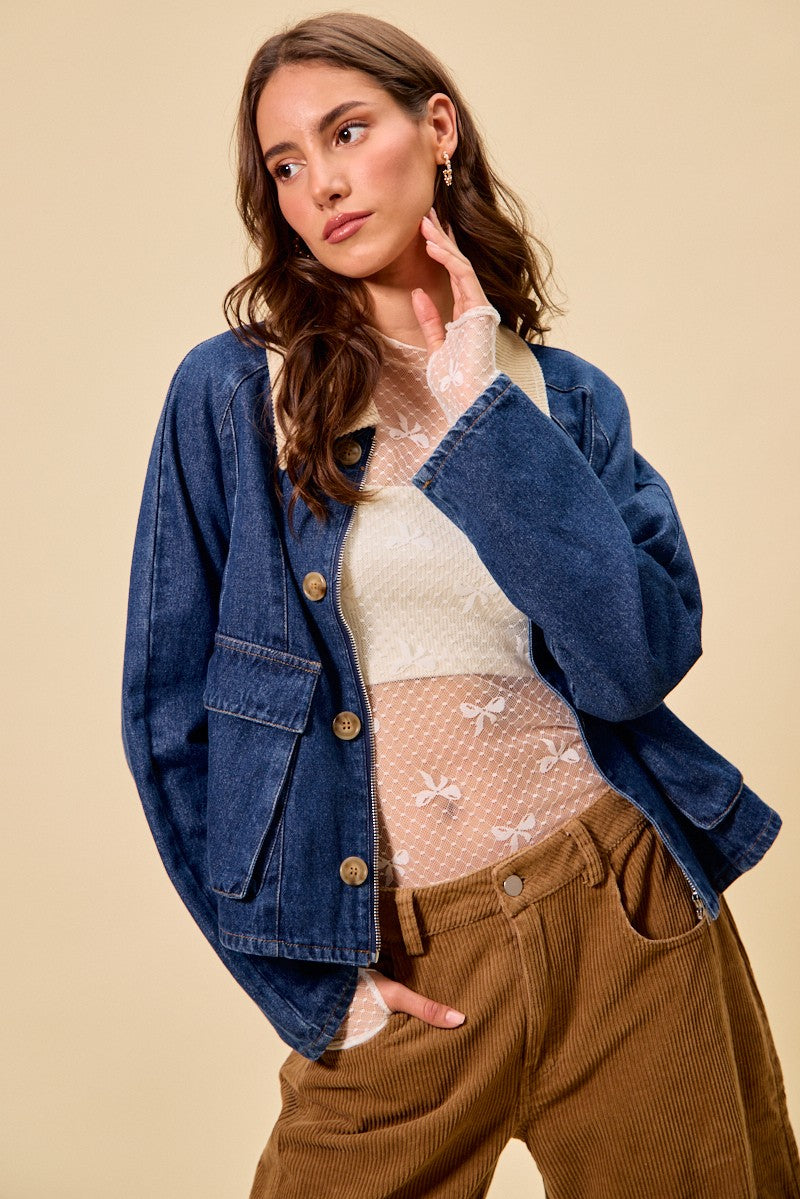 SO ME zip up and buttoned denim jacket in blue with brown buttons and flap pockets