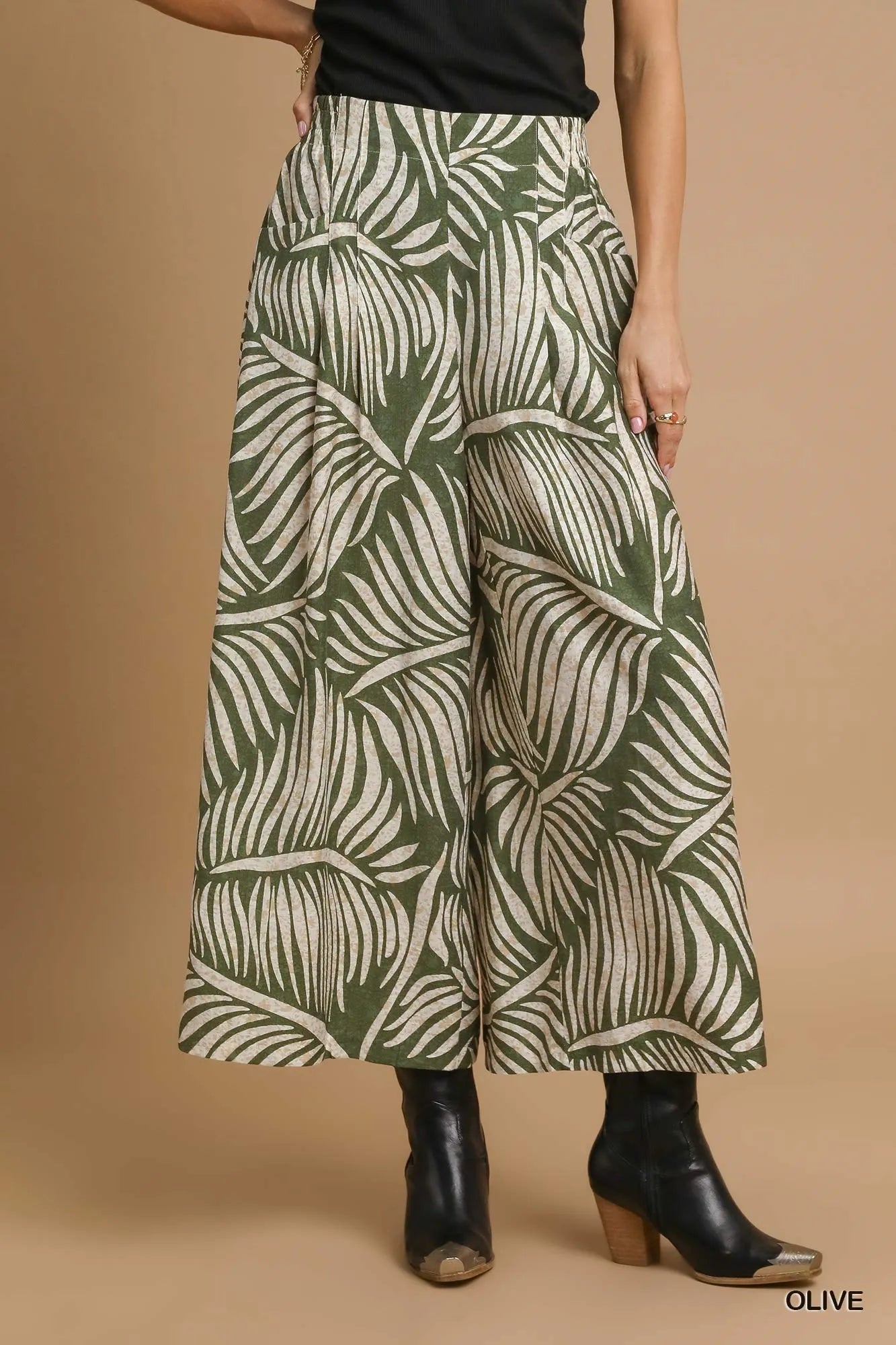 Umgee Palm Leaf Print Wide Leg Culotte Pants Olive Pants
