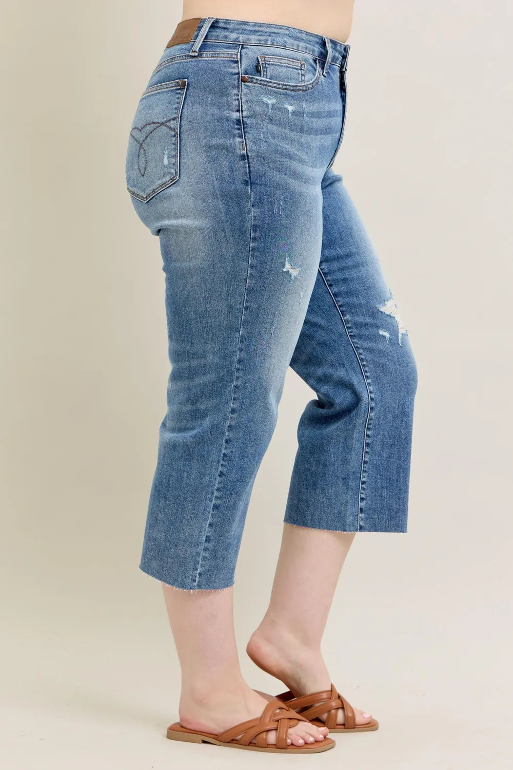 Judy Blue Plus Size High Waist Back Destroy & Raw Cut Hem Crop Wide Jeans