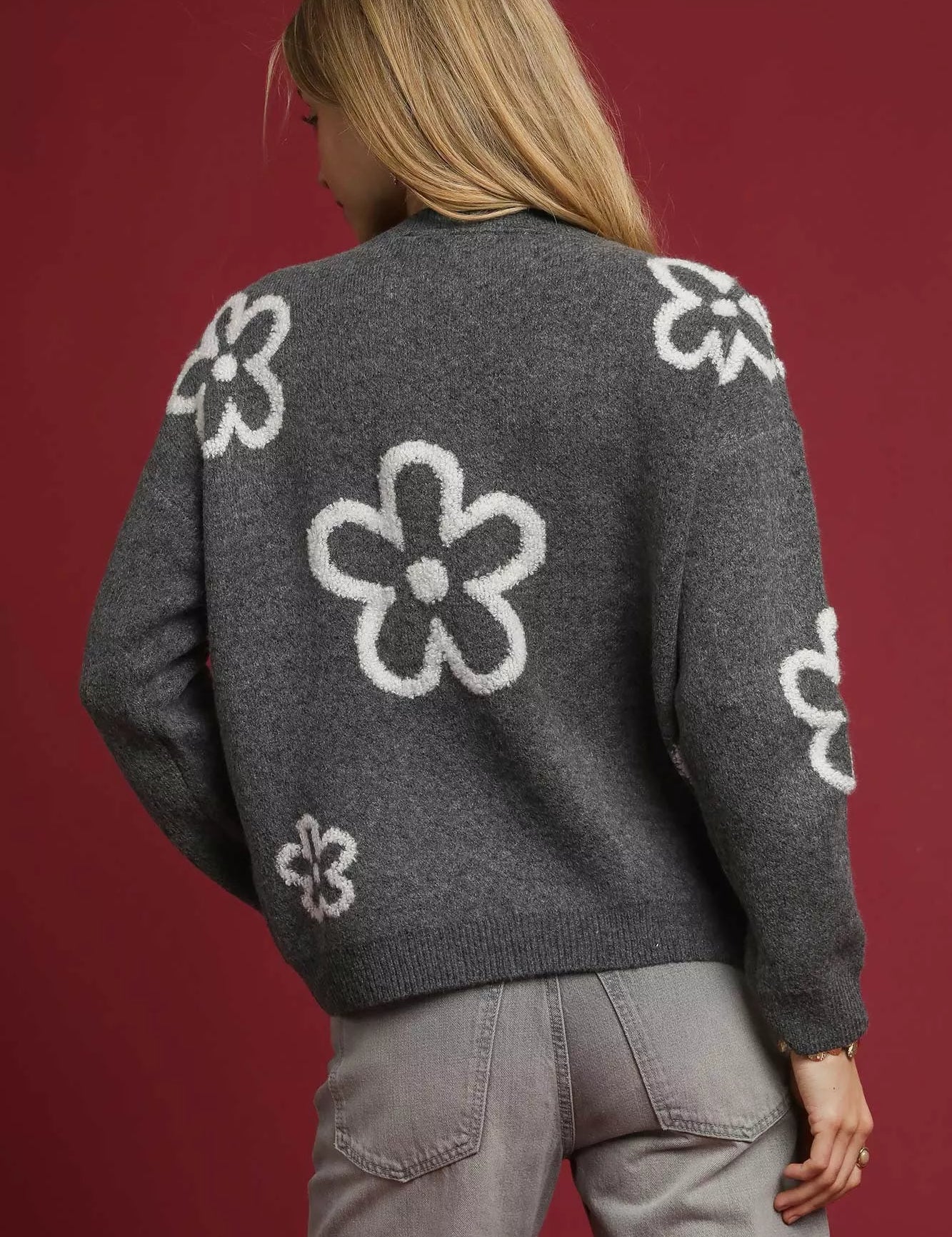 Umgee Round Neck Sweater with Pink Floral Accents | Sweaters Daverri Fashions