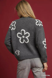 Umgee Round Neck Sweater with Pink Floral Accents | Sweaters Daverri Fashions