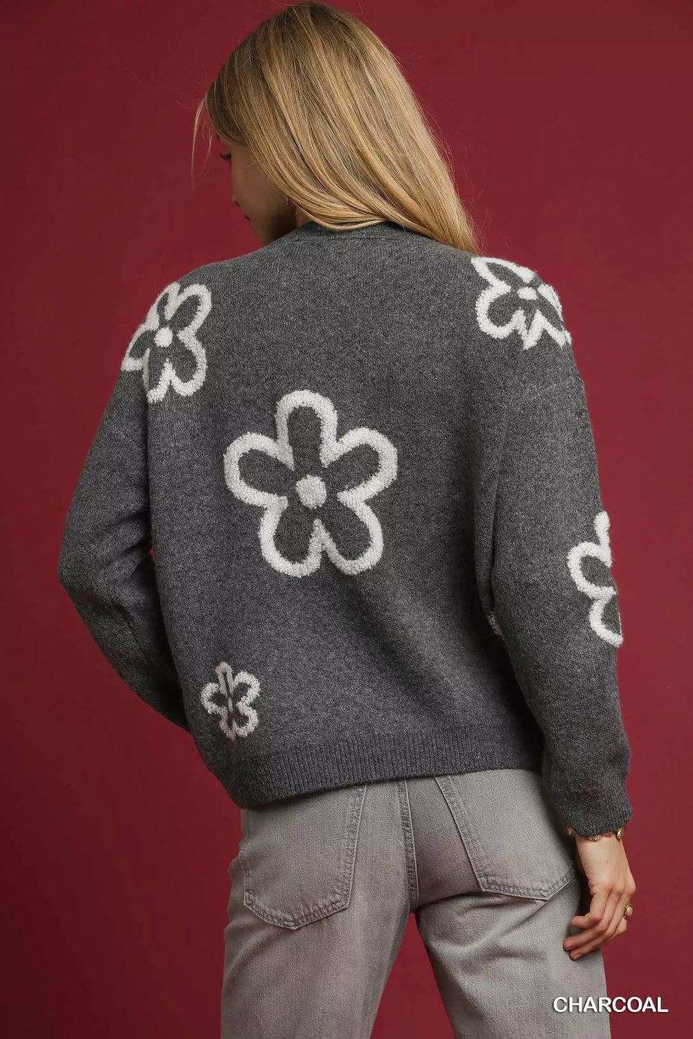 Umgee Round Neck Sweater with Pink Floral Accents | Sweaters Daverri Fashions