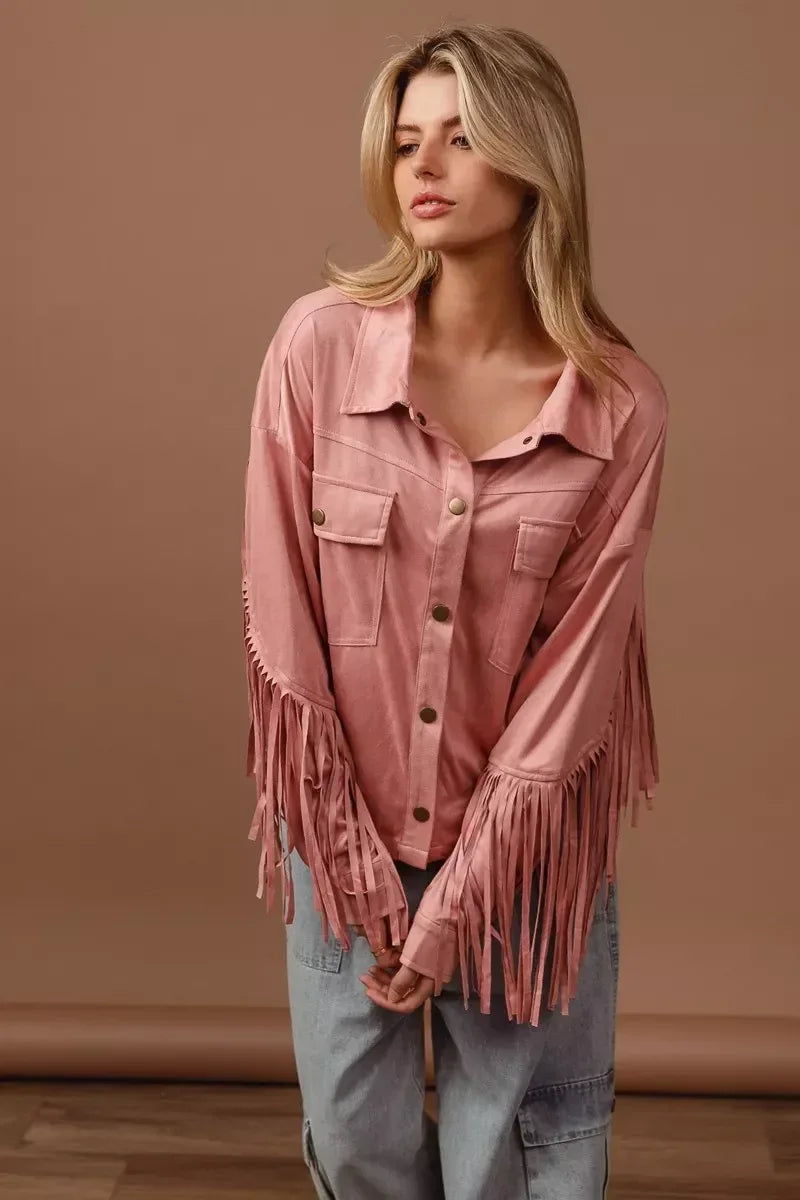 BiBi Suede Fringe Long Sleeve Jacket - DAVERRI FASHIONS