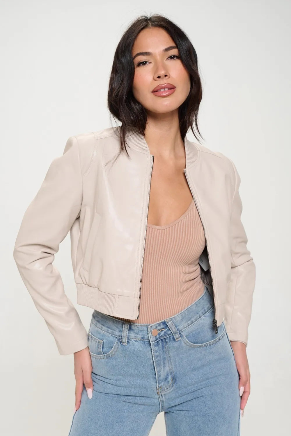 Coalition LA Zip Up Cropped Bomber Jacket Cream Jackets