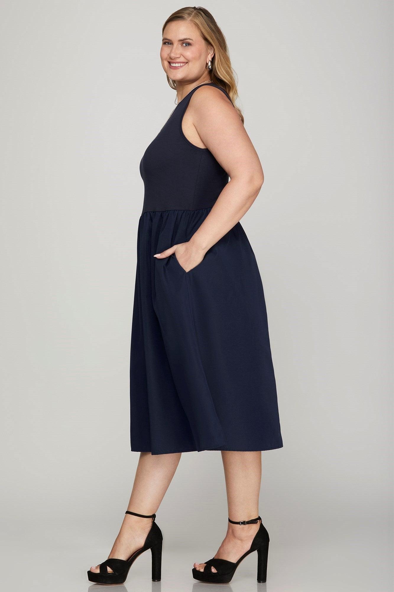 She + Sky Full Size Sleeveless Poplin Woven Midi Dress with Pockets Plus Size Midi Dreses