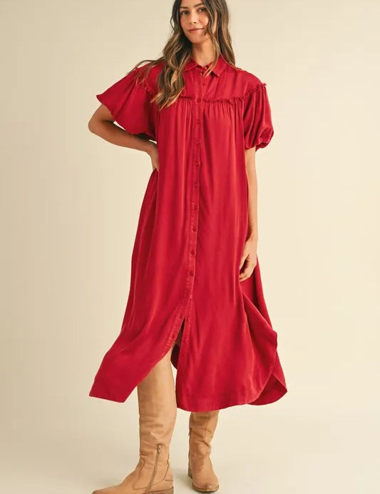 Deep Red Annie Wear Mineral Washed Button Down Puff Sleeve Shirt Dress | Daverri Fashions