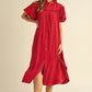 Annie Wear Mineral Washed Button Down Puff Sleeve Shirt Dress Deep Red