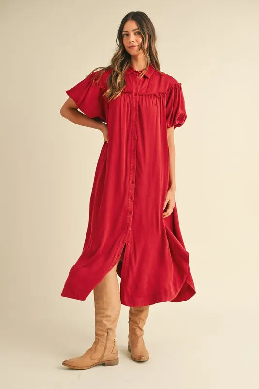 Annie Wear Mineral Washed Button Down Puff Sleeve Shirt Dress Deep Red