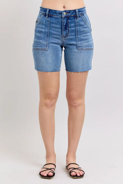 Judy Blue Full Size Mid Rise Bermudas Denim Shorts W/ Back Flap Pockets Plus Size - DAVERRI FASHIONS