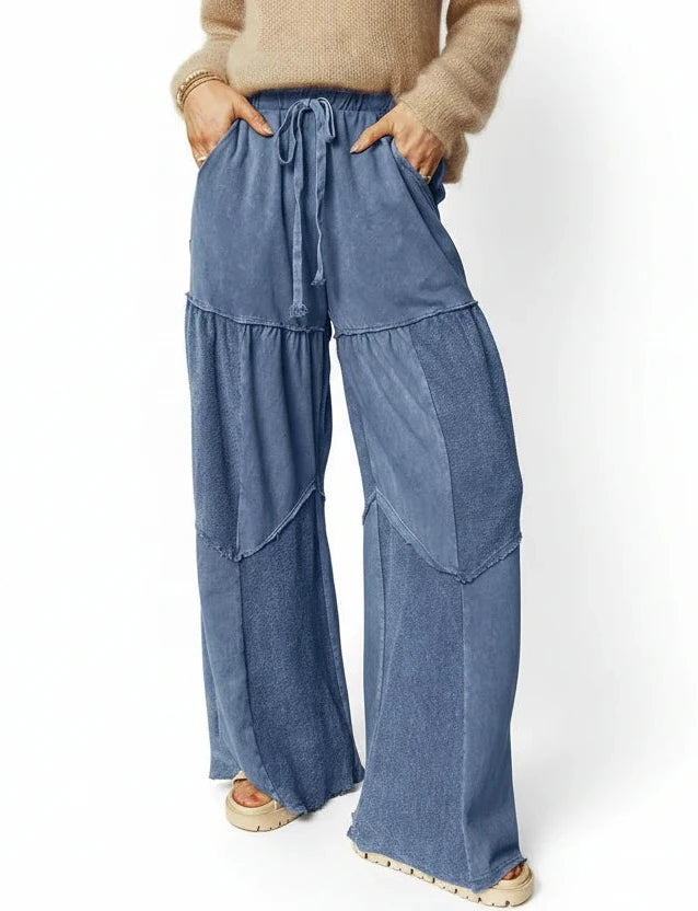 Tiered wide-leg washed pants in blue textured denim patchwork