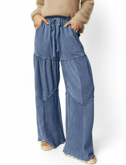 Tiered wide-leg washed pants in blue textured denim patchwork