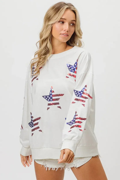 BiBi American Flag Sequin Star Sweatshirt - DAVERRI FASHIONS