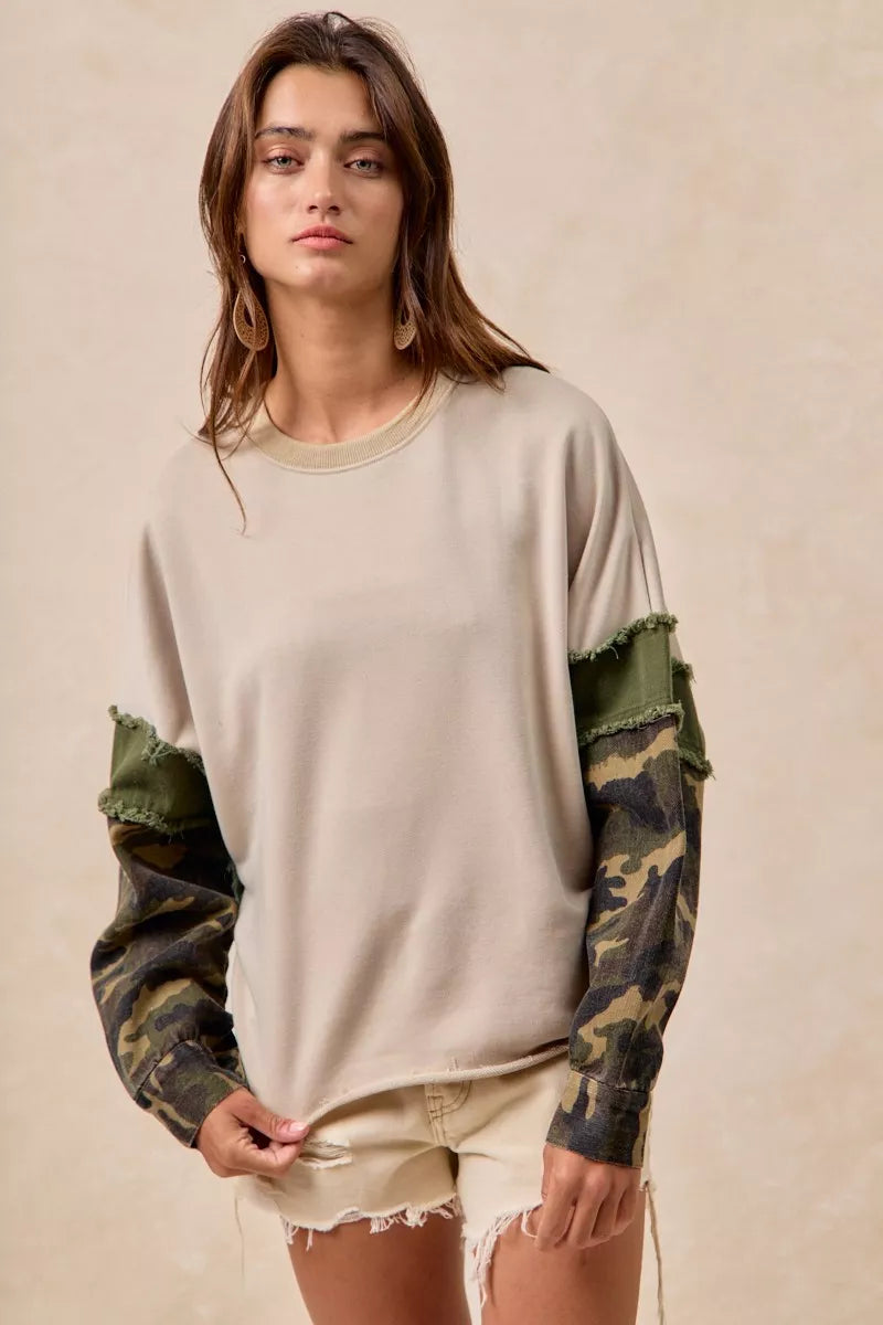 BiBi Camo Sleeve French Terry Top with Frayed Edge | Daverri Fashions