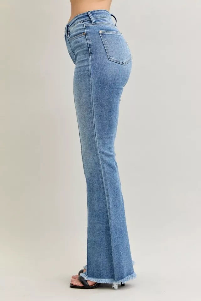 Judy Blue High Waist Flare Fray Hem Jeans with Front Pintuck Detail | Daverri Fashions