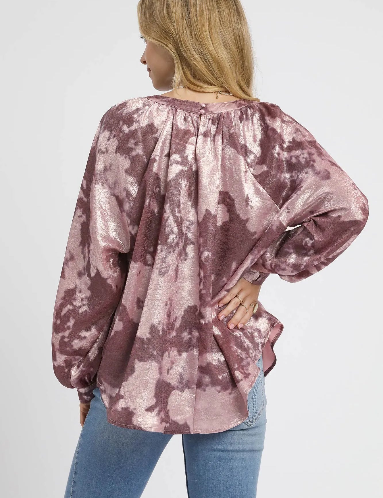Umgee Metallic Fabric Blouse with Balloon Sleeves | Daverri Fashions