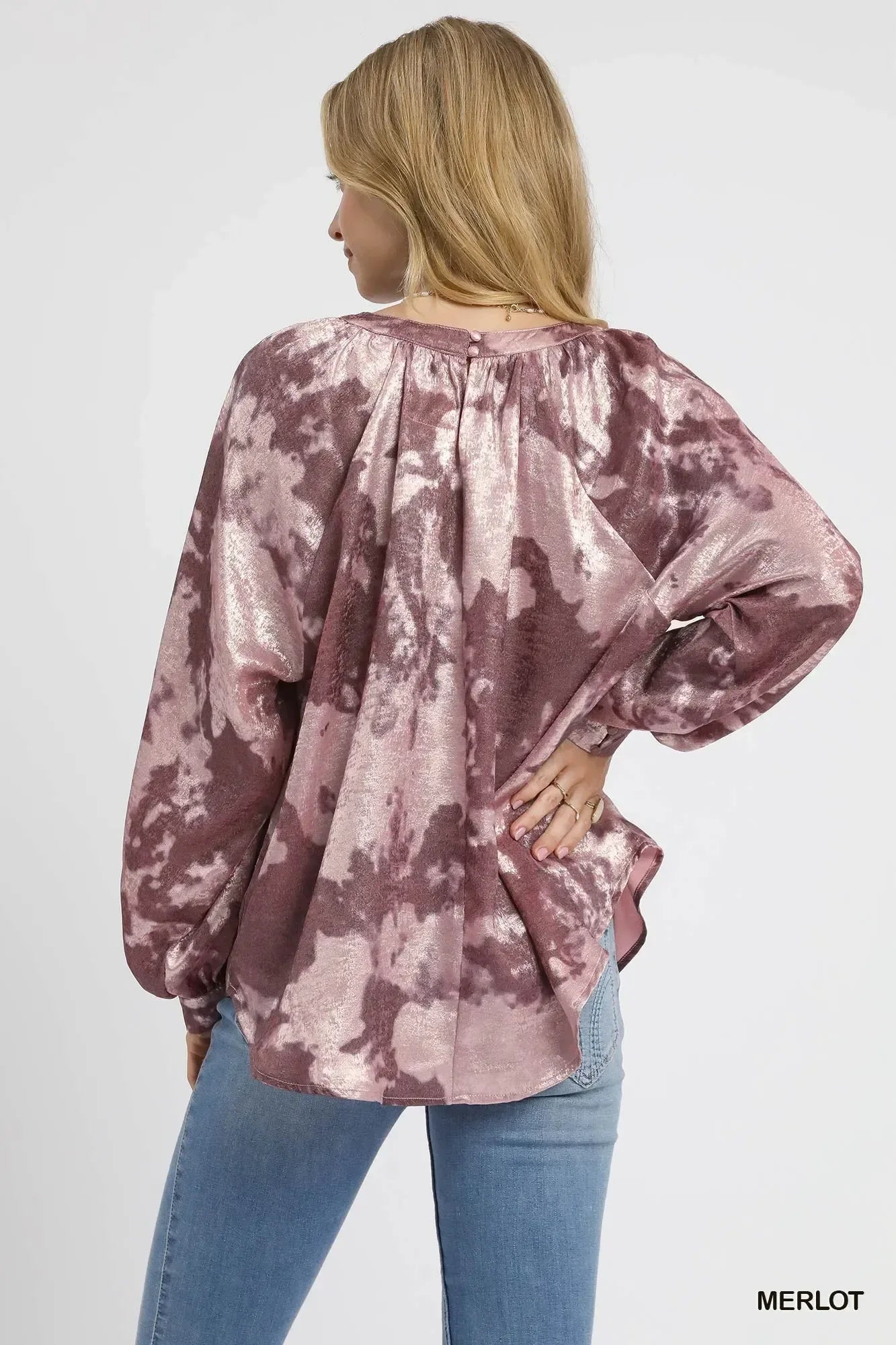 Umgee Metallic Fabric Blouse with Balloon Sleeves - DAVERRI FASHIONS