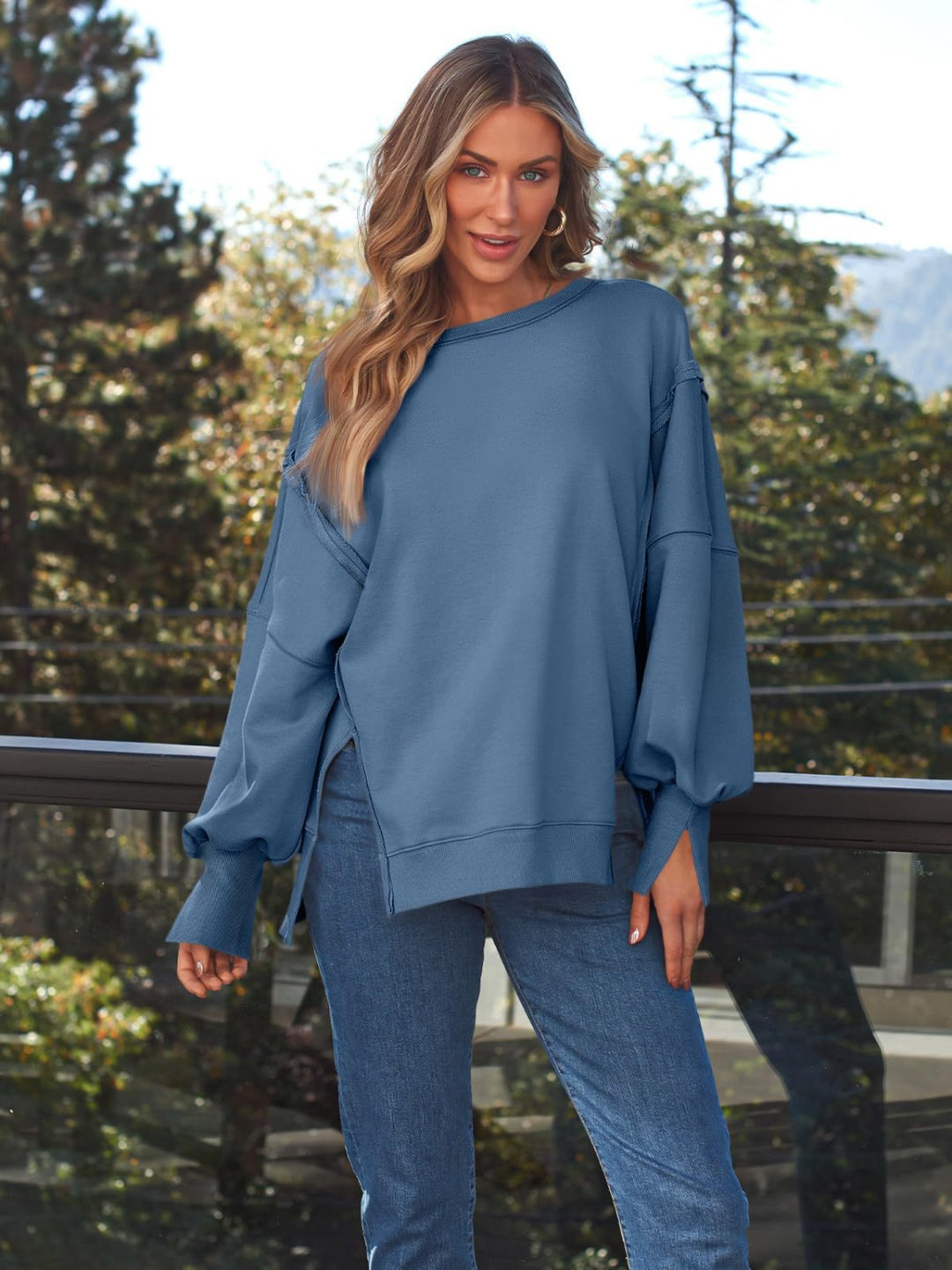 Slit Round Neck Long Sleeve Sweatshirt Dusty Blue Tops