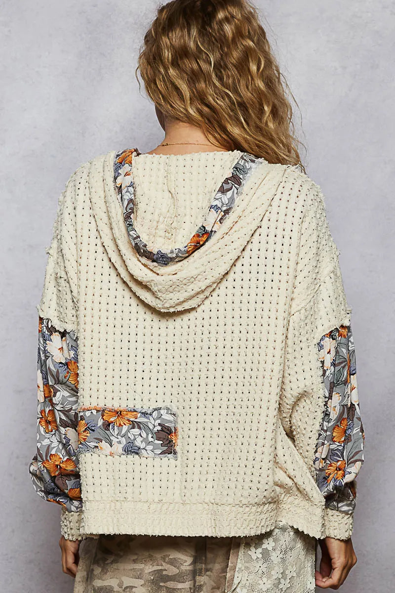 POL Zip Up Floral and Lace Patch Washed Hoodie Hoodies