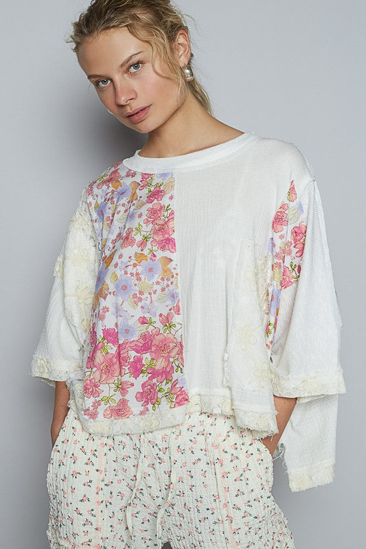 POL Floral Lace Patch Round Neck Double Gauze Top