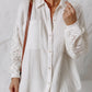 Womens lace sleeve button down cotton shirt with sheer sleeves