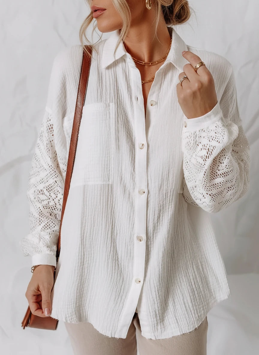 Womens lace sleeve button down cotton shirt with sheer sleeves