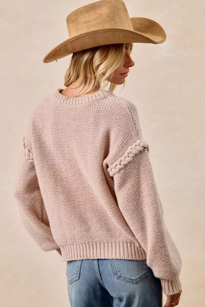 Dusty rose BiBi cable knit sweater with balloon sleeves