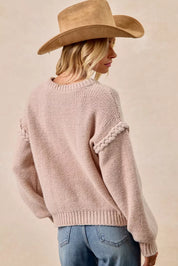 Dusty rose BiBi cable knit sweater with balloon sleeves