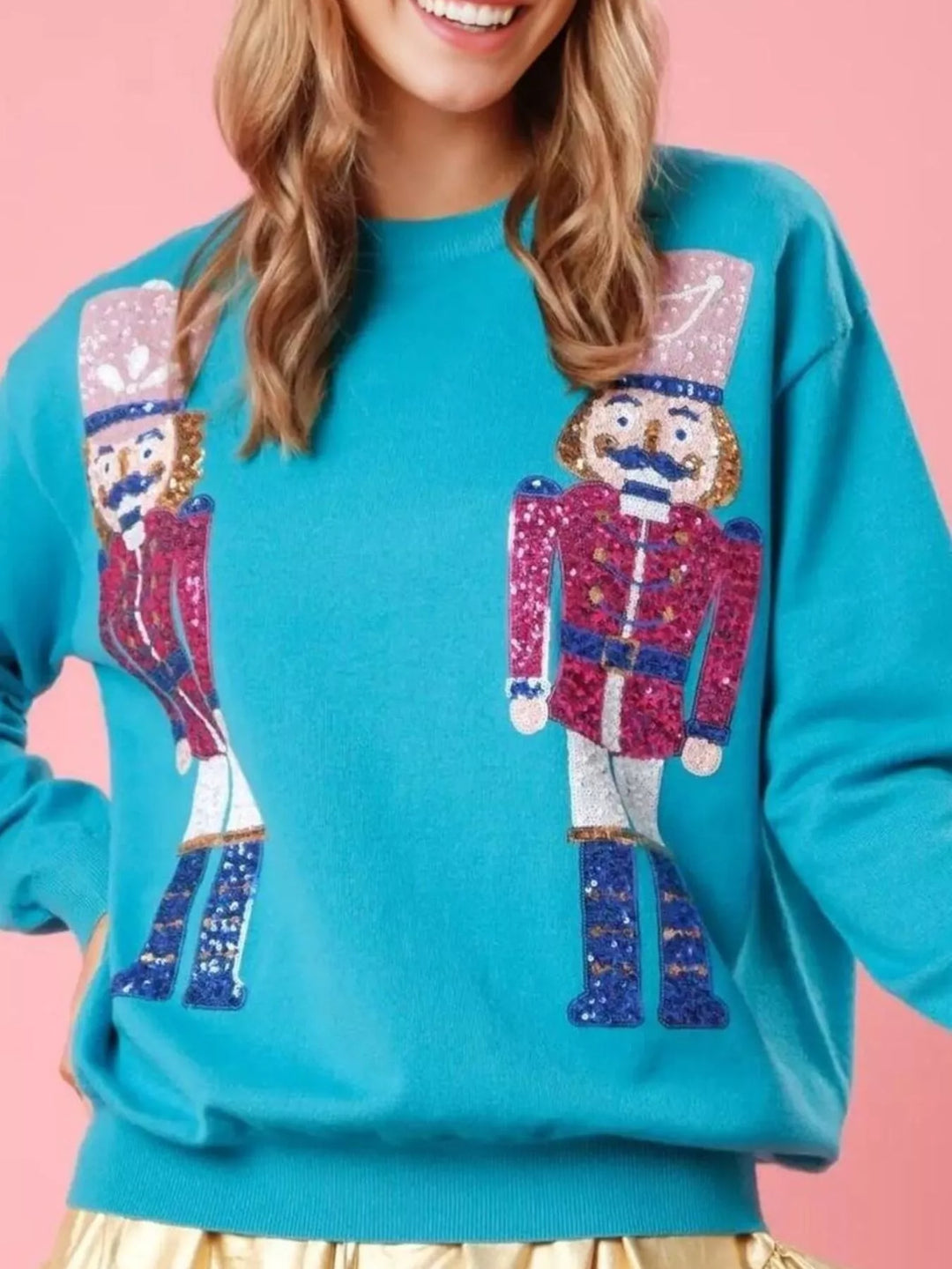 Blue Christmas Sequin Nutcracker Dropped Shoulder Sweatshirt | Sweatshirts Daverri Fashions