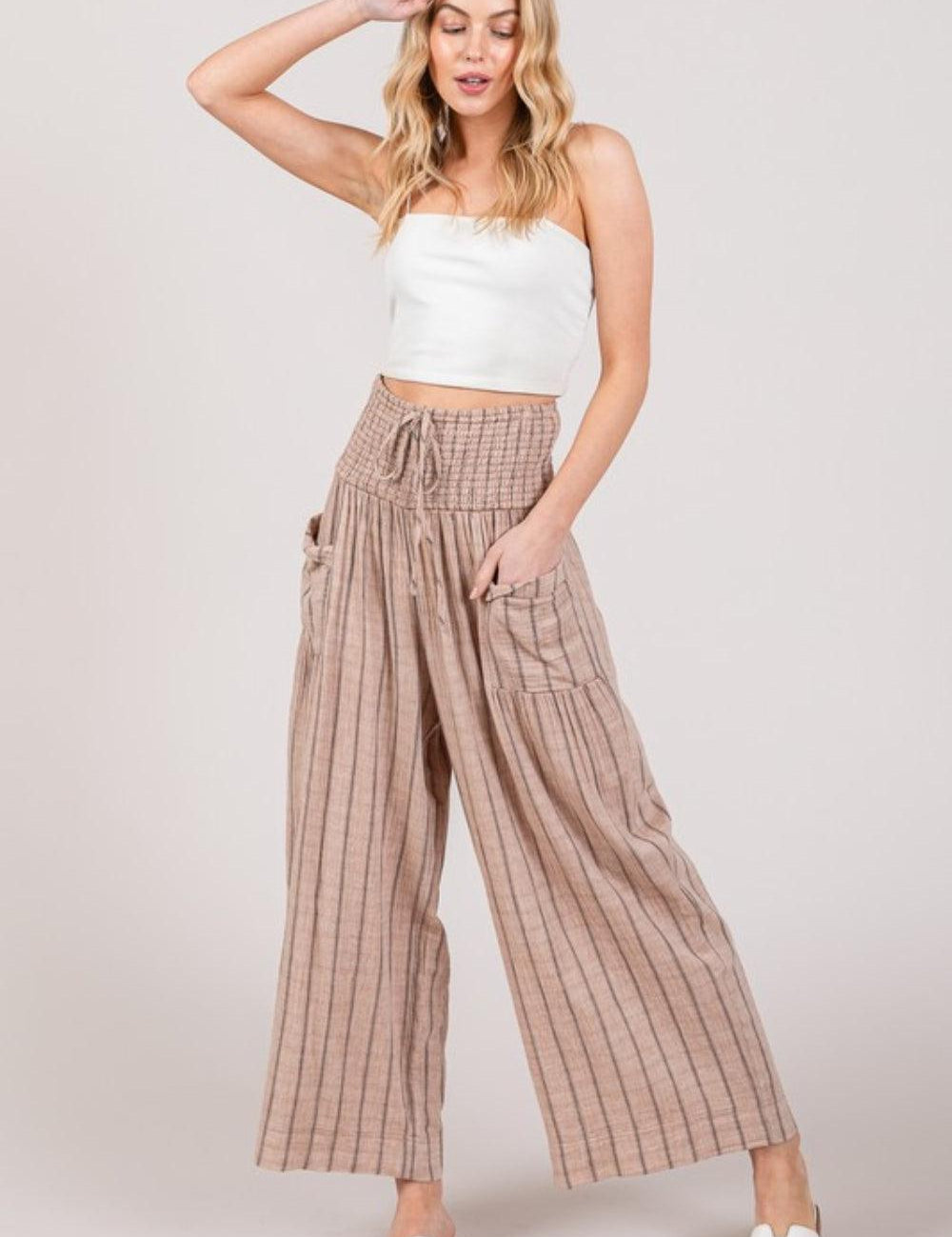 SAGE + FIG Cotton Gauze Wash Stripe Pants Mocha L Pants