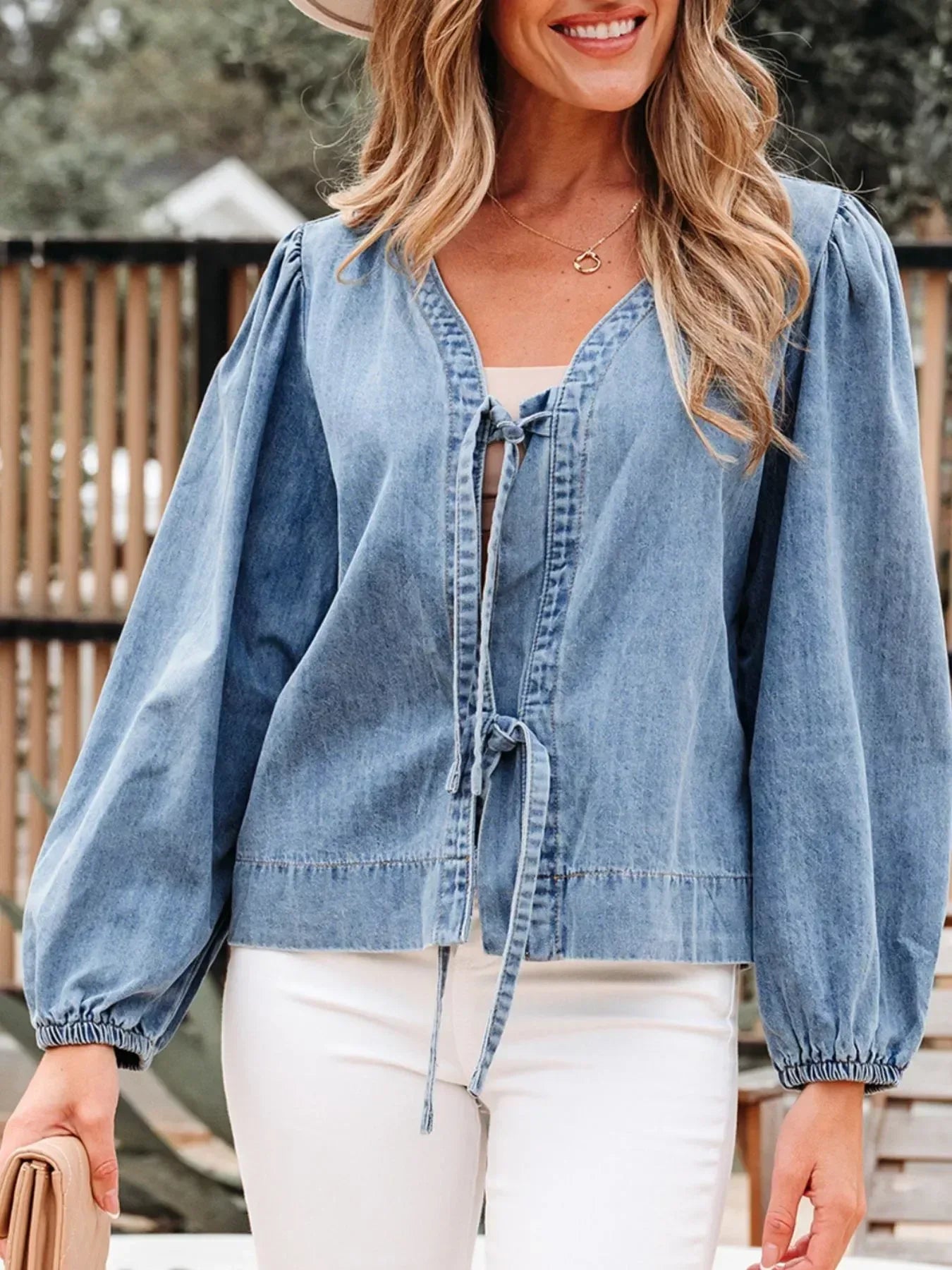 Tied Front Puff Sleeve Denim Top - DAVERRI FASHIONS