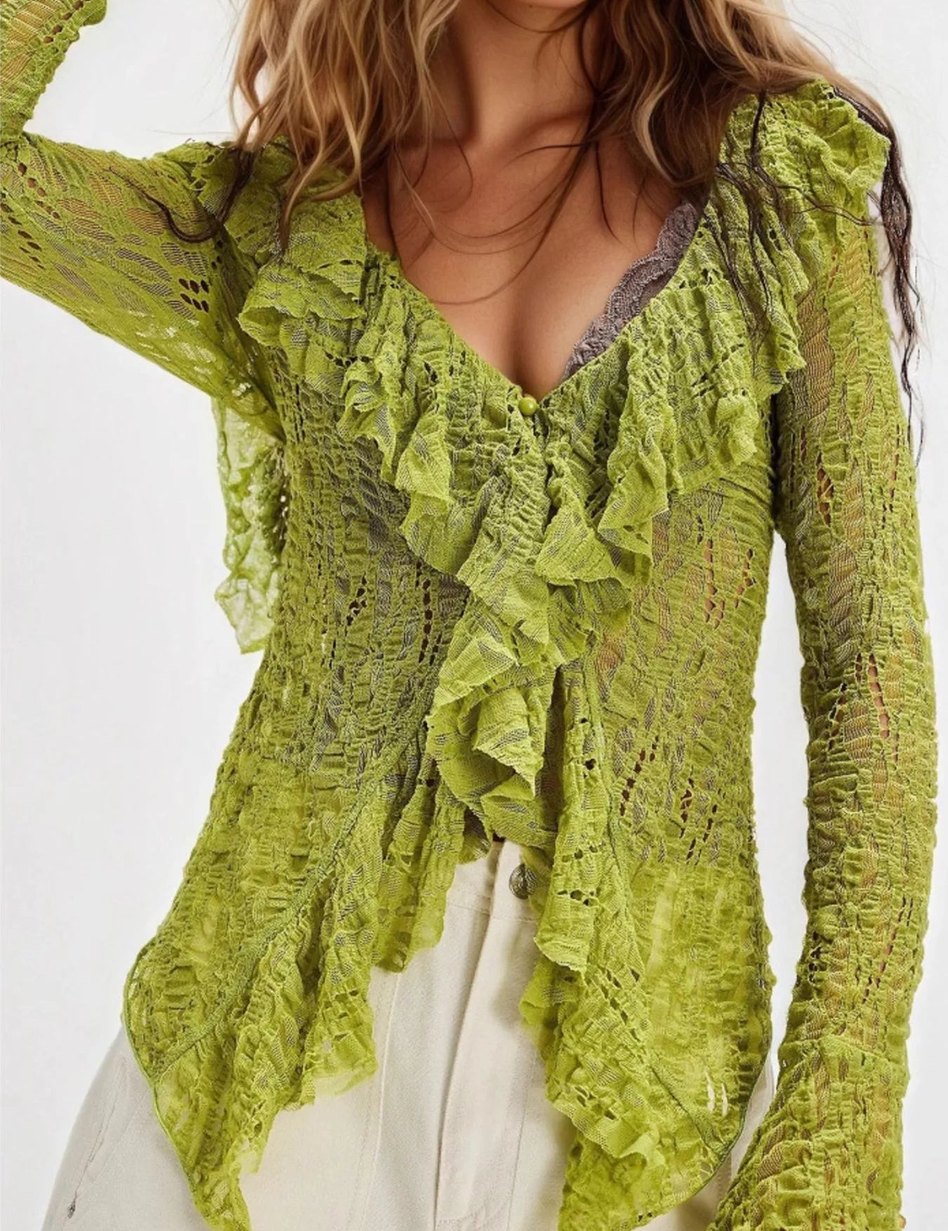 Lime Lace Ruffle V-Neck Blouse | Blouses Daverri Fashions