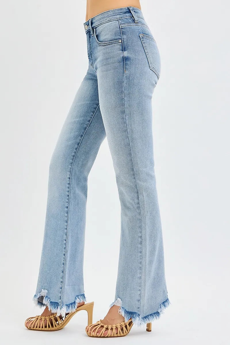 RISEN Full Size Tummy Control Mid Rise Flare Jeans with Fray Hem Detailed Plus Size | Jeans Daverri Fashions