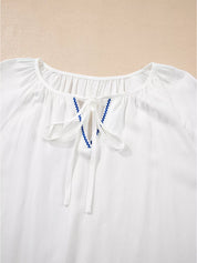 Floral Embroidered Tie Neck Blouse | Blouses Daverri Fashions