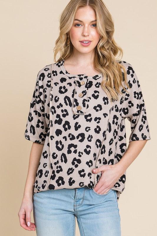 BOMBOM Button Detail Exposed Seam Leopard Half Sleeve Top | Tops Daverri Fashions